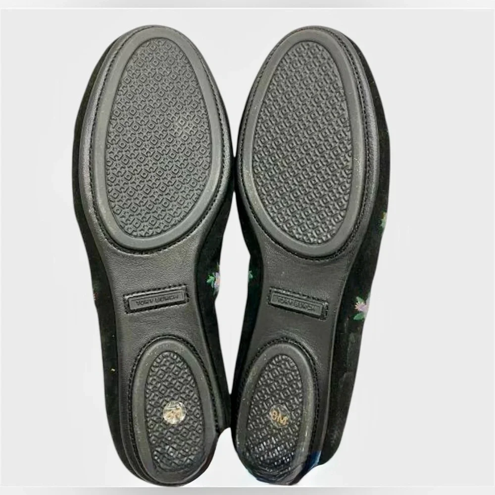 TORY BURCH Minnie Travel Flat Women 8 Black Daybreak Ditsy Floral Embroider Shoe